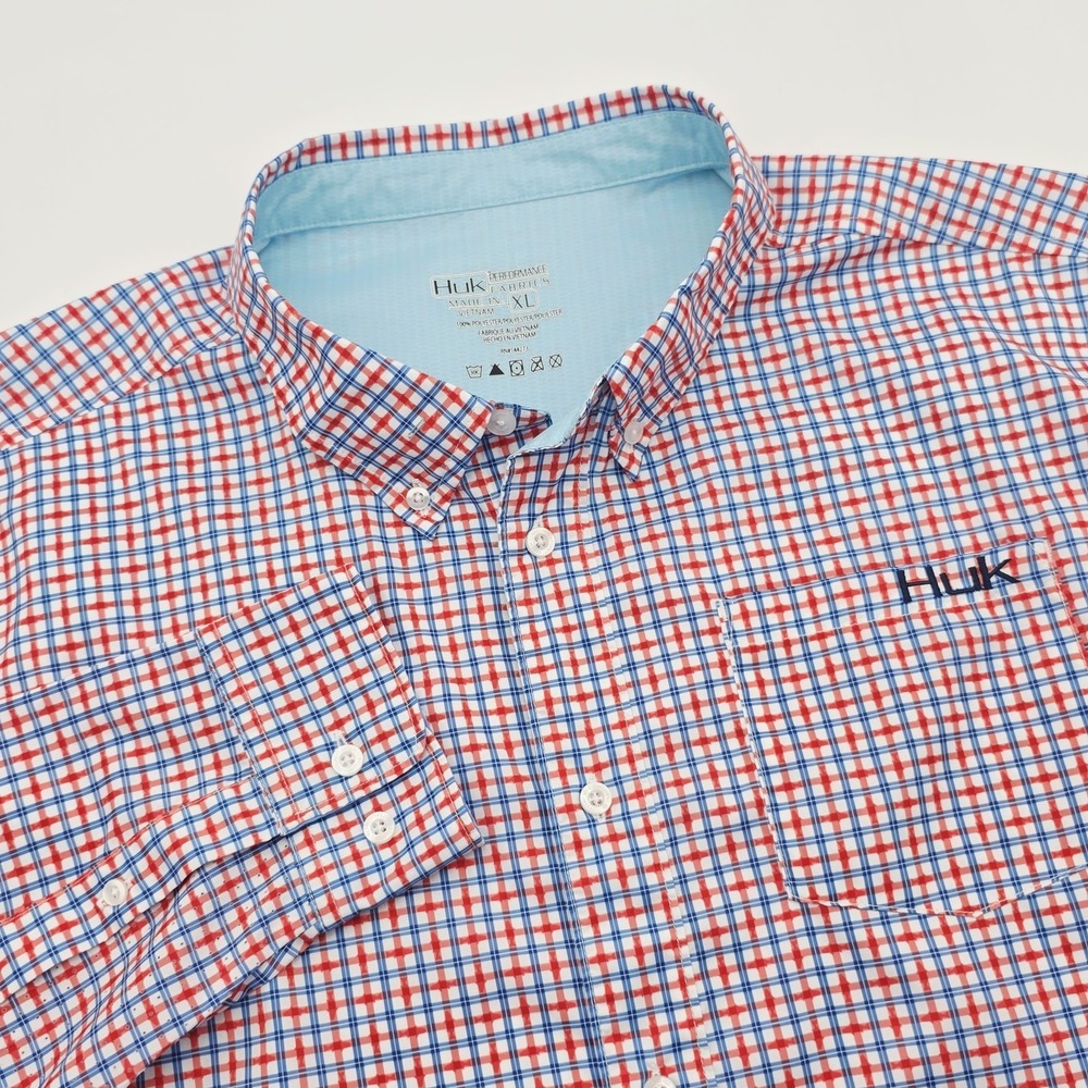 Huk Shirt Men's Size XL Red Blue Performance Fishing Long Sleeve Button Down